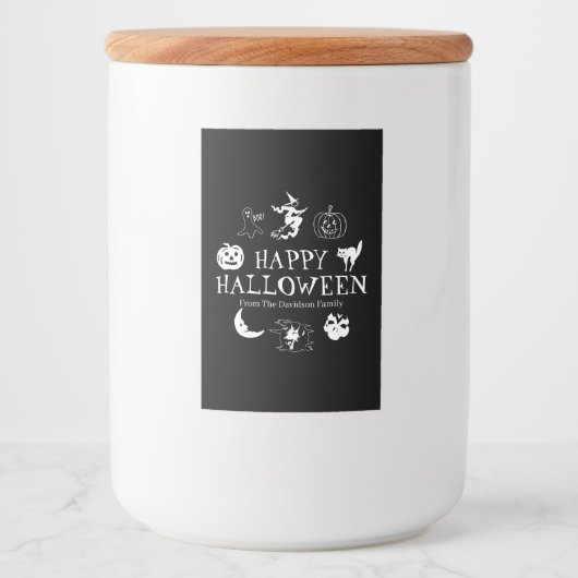 Happy Halloween aangepaste naam zwarte witte spook Voedselcontainer Etiket (Voorkant)
