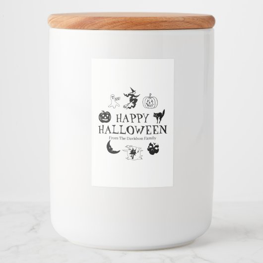 Happy Halloween aangepaste naam zwarte witte spook Voedselcontainer Etiket (Voorkant)