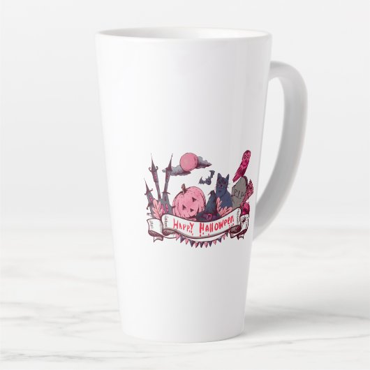 Happy Halloween Banner with Castle, Pumpkin, Black Latte Mok (Rechterhoek)