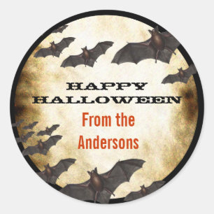 Happy Halloween Bats en Burnt Parchment Ronde Sticker