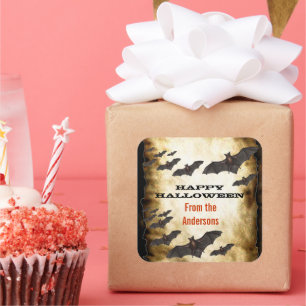 Happy Halloween Bats en Burnt Parchment Vierkante Sticker