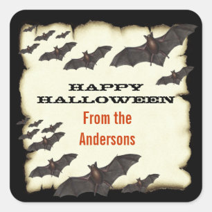 Happy Halloween Bats en Burnt Parchment Vierkante Sticker
