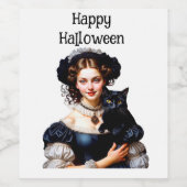 Happy Halloween Beautiful Witch And Her Black Cat Wijn Etiket (Enkel label)