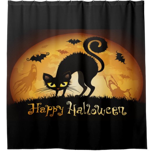 Happy Halloween Black Cat Bats en Ghost Douchegordijn (Voorkant)