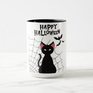 HAPPY HALLOWEEN Black Cat, Bats en Web. Mok