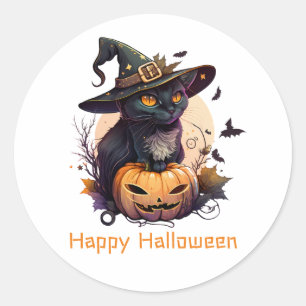 Happy Halloween Black Cat Jack-o-Lantern Ronde Sticker