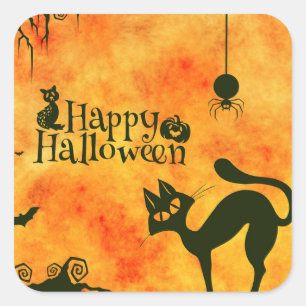 Happy Halloween Black cat, owl, pompoenen Vierkante Sticker