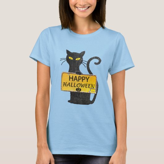 Happy Halloween Black Cat Rustic Sign Shirt (Voorkant)