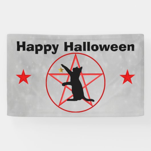 Happy Halloween Black Cat Stars Pentagram Grijs Spandoek (Horizontaal)