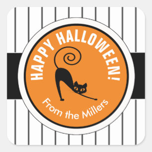 Happy Halloween Black Cat & Stripes ID686 Vierkante Sticker