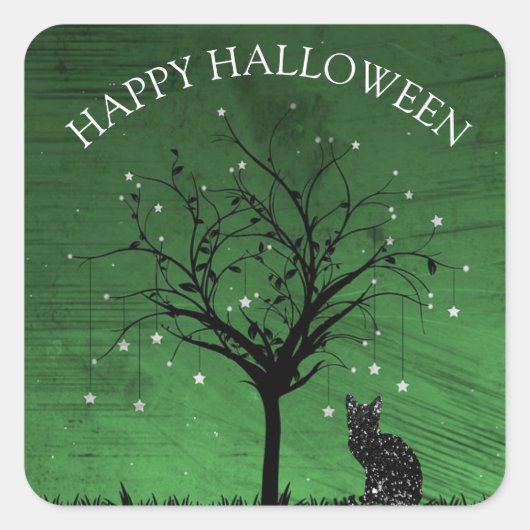 Happy Halloween Black Cat Twinking Star Tree Vierkante Sticker (Voorkant)