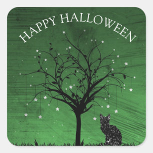 Happy Halloween Black Cat Twinking Star Tree Vierkante Sticker