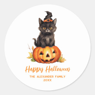 Happy Halloween Black Cat Witch Pet Pumpkin Ronde Sticker