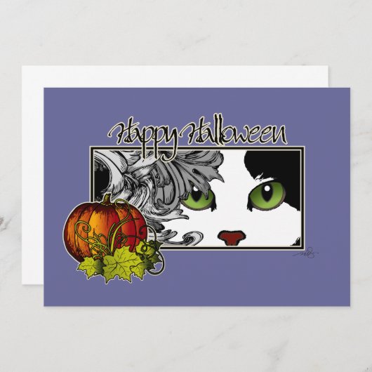 Happy Halloween Black in White Cat Kaart (Voorkant / Achterkant)