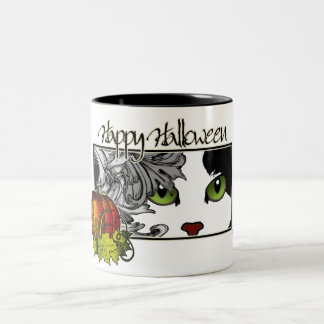 Happy Halloween Black in White Cat Tweekleurige Koffiemok