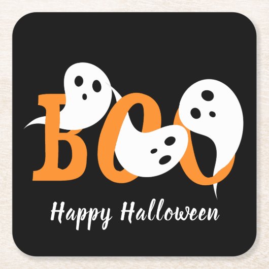 Happy Halloween Boo Ghosts Black Vierkante Kartonnen Onderzetter (Voorkant)