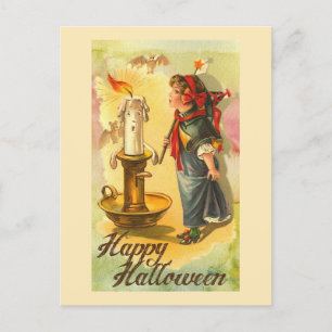Happy Halloween Candlestick en Girl Vintage Briefkaart
