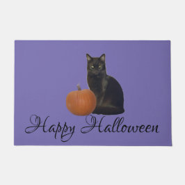 Happy Halloween Cat en pompoen op Paarse klep Deurmat