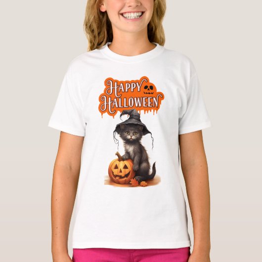 Happy Halloween Cat T-Shirt – Cute Black Cat Desig (Voorkant)