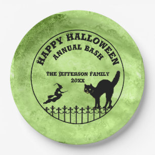 Happy Halloween Cat Witch Silhouette Green Grunge Papieren Bordje