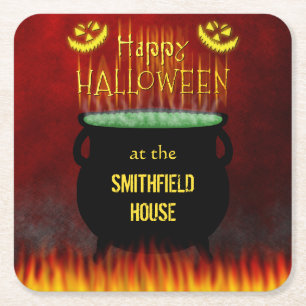 Happy Halloween Cauldron Fire Vierkante Kartonnen Onderzetter