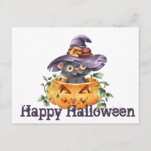 Happy Halloween Cute Black Cat, pompoen en Pet Briefkaart