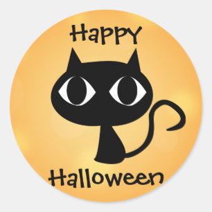 Happy Halloween Cute Cartoon Black Cat Oranje Ronde Sticker
