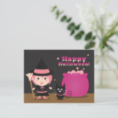 Happy Halloween, Cute Pink Witch en Black Cat Briefkaart (Staand voorkant)
