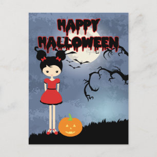 Happy Halloween Cute Witch in Red met pompoen Briefkaart