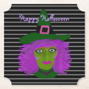 Happy Halloween Cute Witches Black Paars Kartonnen Onderzetters