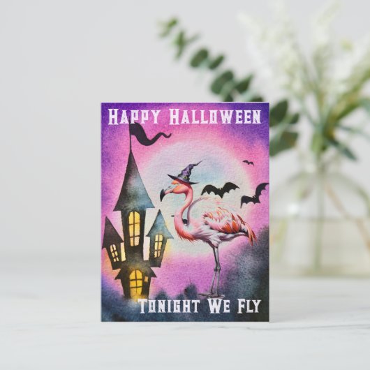 Happy Halloween Flamingo Bats Haunted Castle Briefkaart (Staand voorkant)
