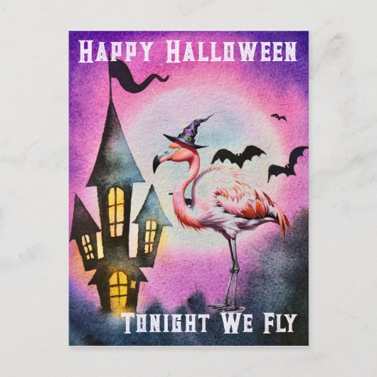 Happy Halloween Flamingo Bats Haunted Castle Briefkaart (Voorkant)