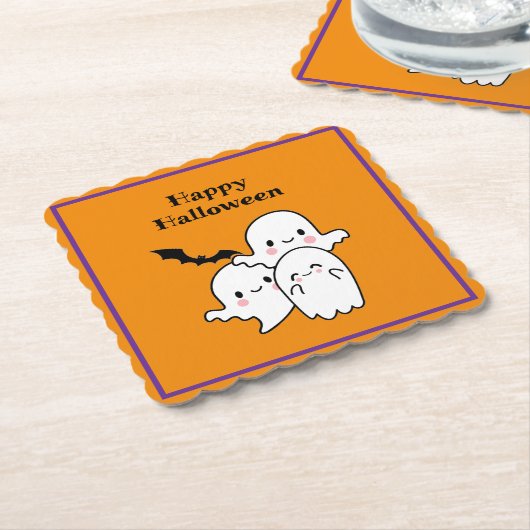 Happy Halloween Ghost Bat Oranje Paarse Kartonnen Onderzetters (Gebogen)