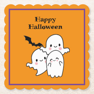 Happy Halloween Ghost Bat Oranje Paarse Kartonnen Onderzetters