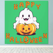 Happy Halloween Ghost zittend op een pompoen Canvas Afdruk (Insitu (Houten vloer))