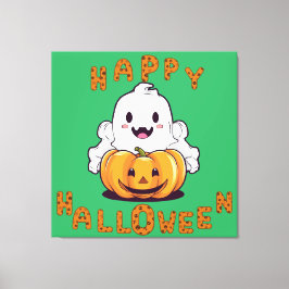 Happy Halloween Ghost zittend op een pompoen Canvas Afdruk