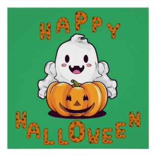 Happy Halloween Ghost zittend op een pompoen Perfect Poster