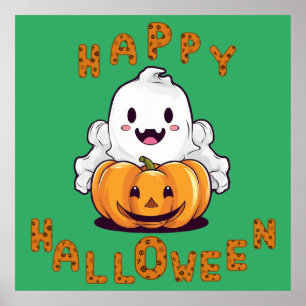 Happy Halloween Ghost zittend op een pompoen Poste Poster
