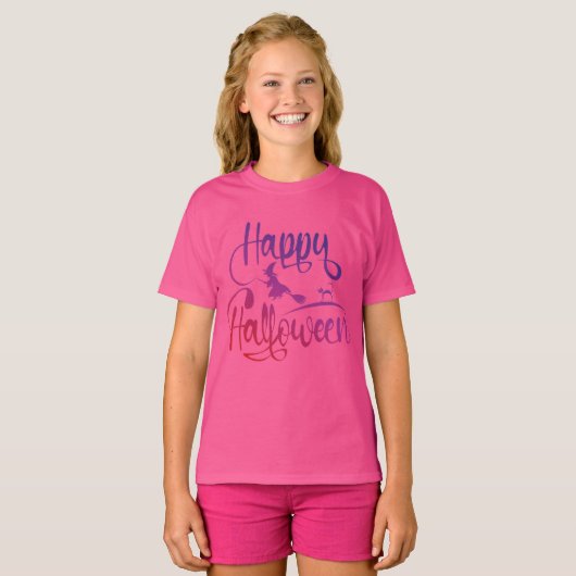 Happy Halloween gradiënt vliegende hekkkat T-Shirt (Voorkant volledig)