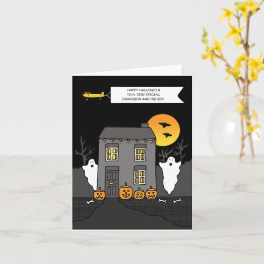 Happy Halloween Grandson en Wie Spooky House Kaart (Gele Bloem)