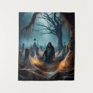 Happy Halloween Grim Reaper op een kerkhof Wandkleed