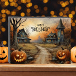 Happy Halloween Haunted Farmhouse<br><div class="desc">Panneau de boîte en bois noir d'Halloween avec l'aquarelle d'une ferme hantée lors d'une sinistre soirée d'automne avec des chauves-souris volant autour de vous et illuminant les citrouilles pour vous accueillir au premier plan. Bonne salutation Halloween dans une police éffrayante près du centre supérieur du panneau. Autres tailles disponibles. L'image...</div>