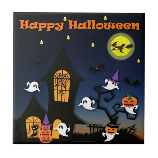 Happy Halloween Haunted House Ghosts Bats Tile Tegeltje (Voorkant)