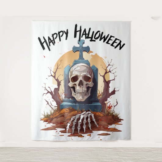 Happy Halloween Head Stone en Skeleton Wandkleed (Voorkant)