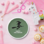Happy Halloween, heks on Broomstick Papieren Bordje (Feest)