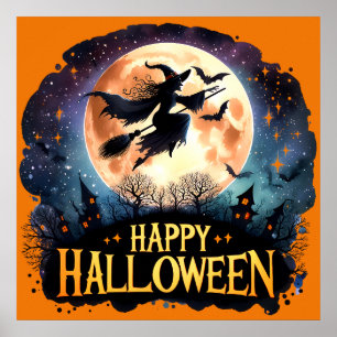 Happy Halloween - Heks op vliegende Broom Poster