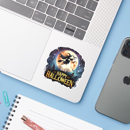 Happy Halloween - Heks op vliegende Broom Sticker (Laptop met iPhone)