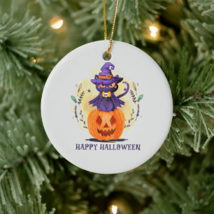 Happy Halloween - Heks Zwart Kat Keramisch Ornament