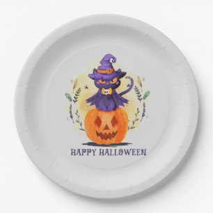 Happy Halloween - Heks Zwart Kat Papieren Bordje