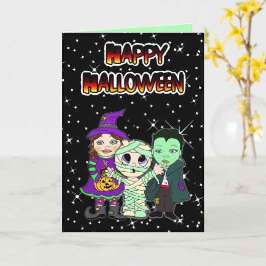 Happy Halloween Kind Witch, Mummy en Vampire Kaart (Gele Bloem)